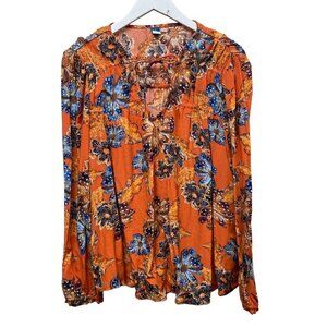 OLD NAVY Boho Top Size Medium Orange Floral Print Blouse Long Sleeve